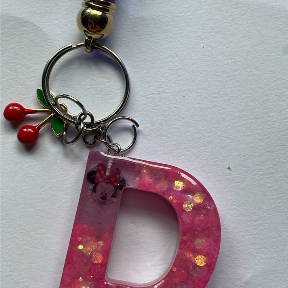 Pink Glitter Initial Keychain with Cherry Charm
